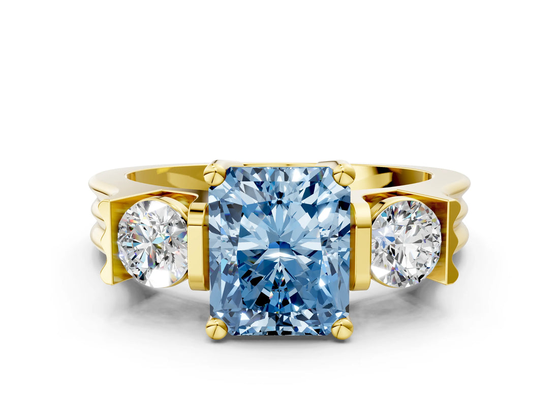 Yellow gold Three-Stone Fancy Blue Radiant Cut Cut Classic Band Prong Setting Ring