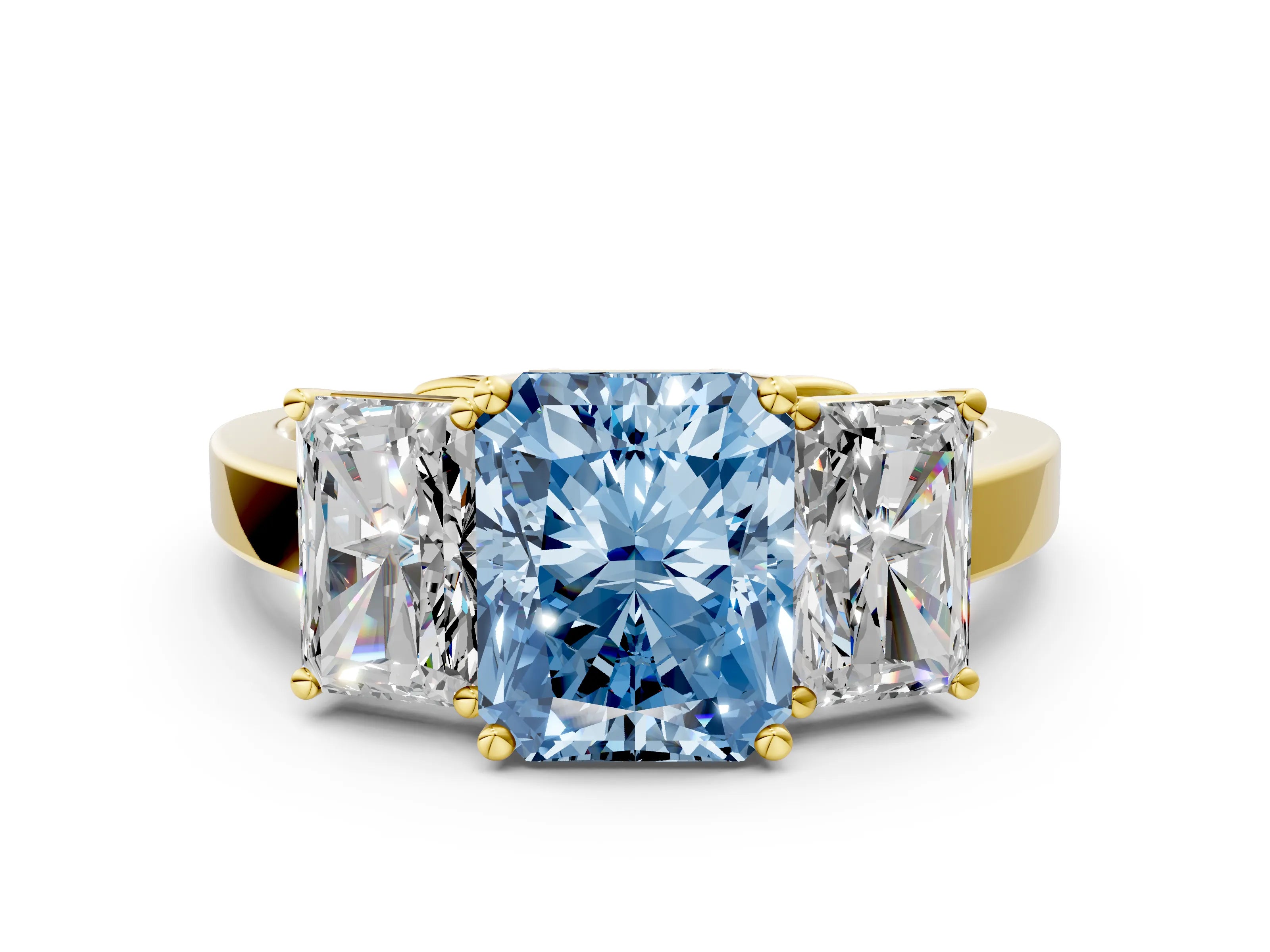 Yellow gold Three-Stone Fancy Blue Radiant Cut Cut Diamond Engagement Ring with Flat Band and Four-Prong Setting_12