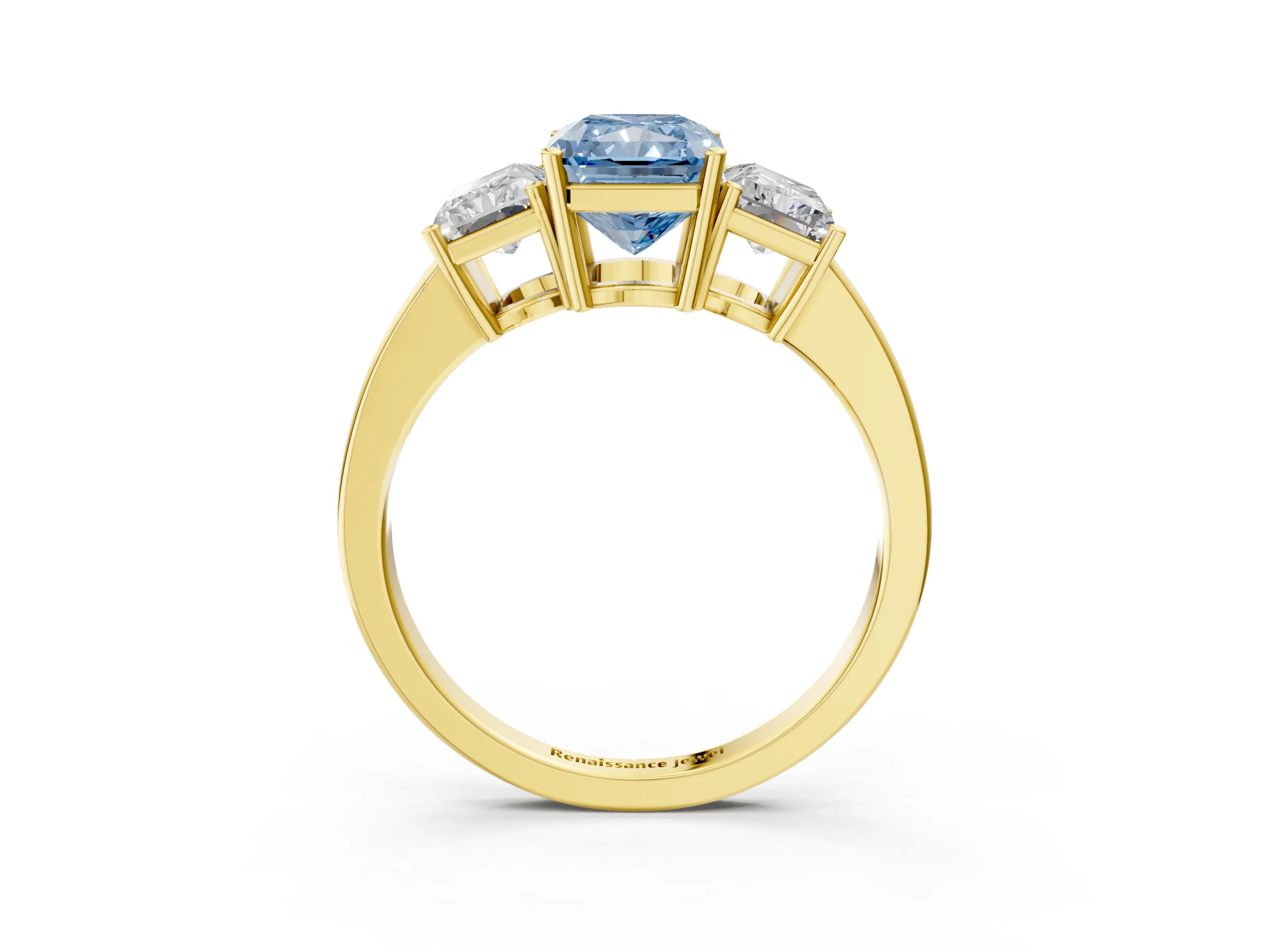 Yellow gold Three-Stone Fancy Blue Radiant Cut Cut Diamond Engagement Ring with Flat Band and Four-Prong Setting_3