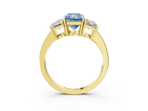 Yellow gold Three-Stone Fancy Blue Radiant Cut Cut Diamond Engagement Ring with Flat Band and Four-Prong Setting_3