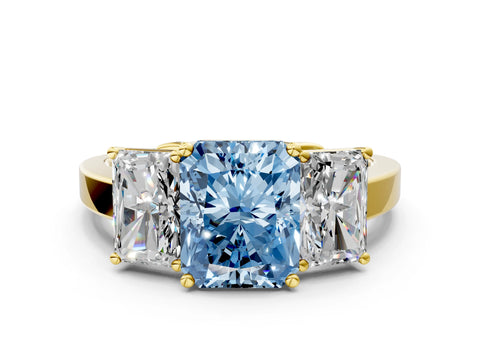 Yellow gold Three-Stone Fancy Blue Radiant Cut Cut Diamond Engagement Ring with Flat Band and Four-Prong Setting