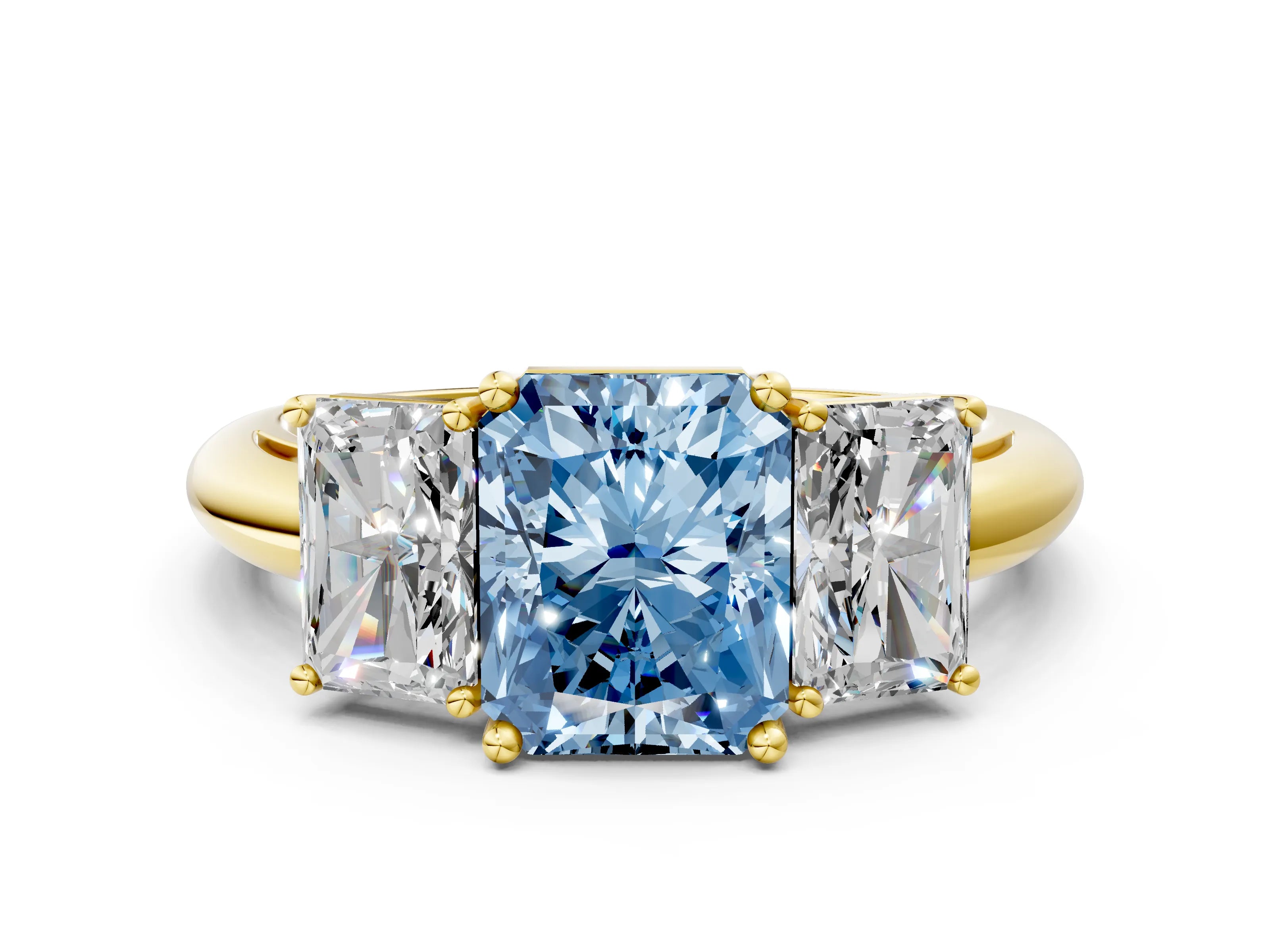 Yellow gold Three-Stone Fancy Blue Radiant Cut Cut Diamond Engagement Ring with Prong Setting on a White Gold Band