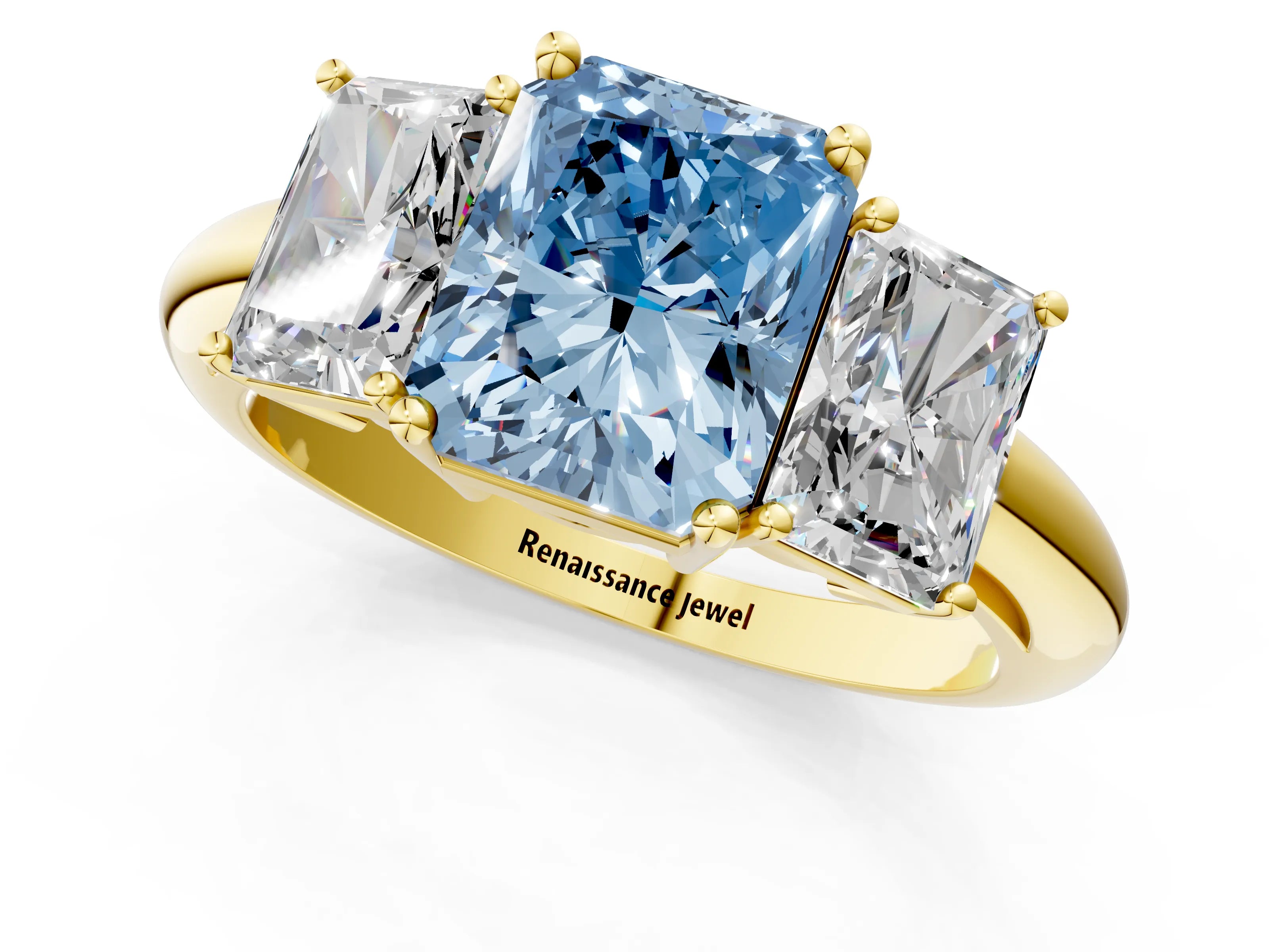 Yellow gold Three-Stone Fancy Blue Radiant Cut Cut Diamond Engagement Ring with Prong Setting on a White Gold Band_1