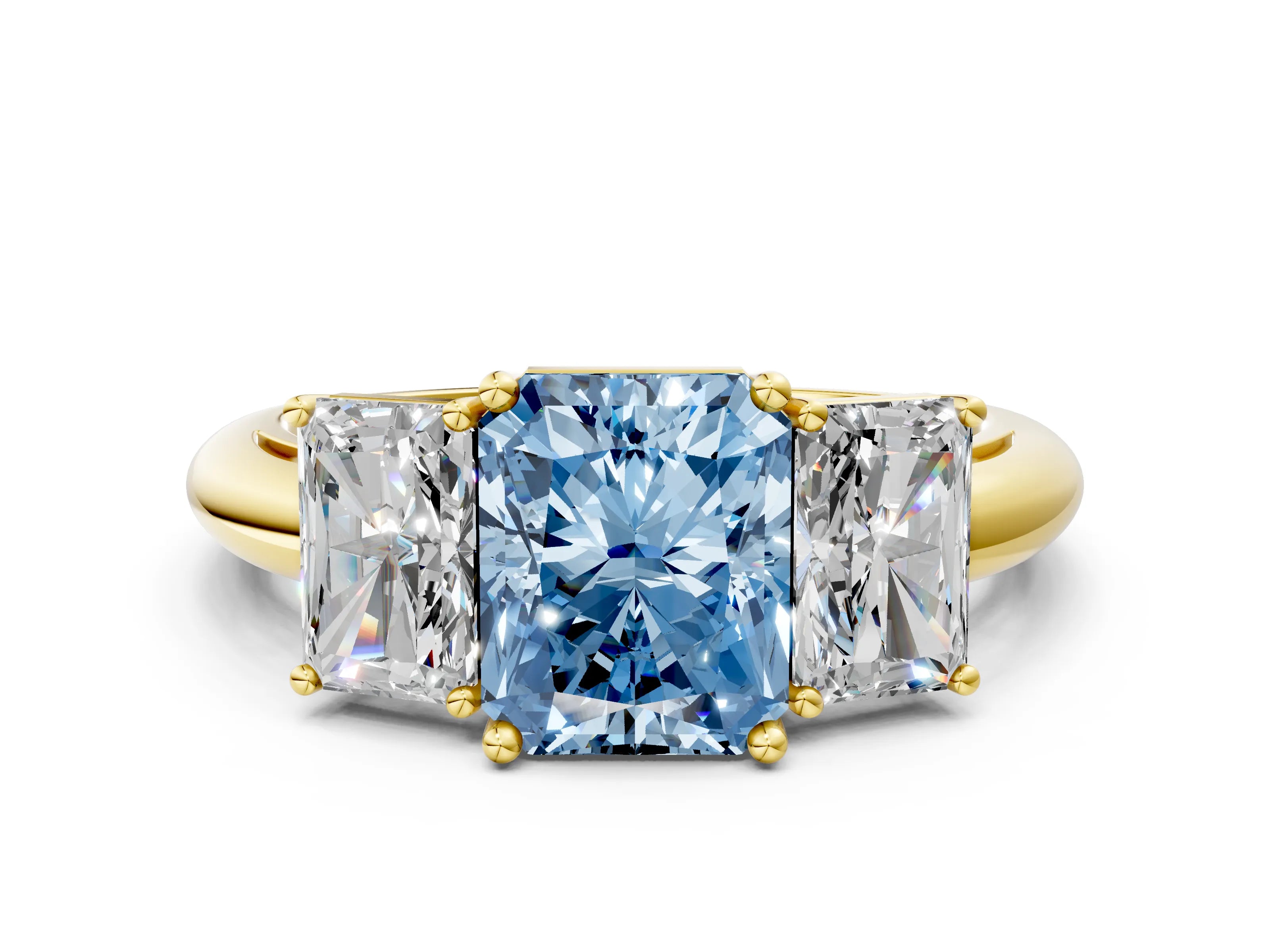 Yellow gold Three-Stone Fancy Blue Radiant Cut Cut Diamond Engagement Ring with Prong Setting on a White Gold Band_24