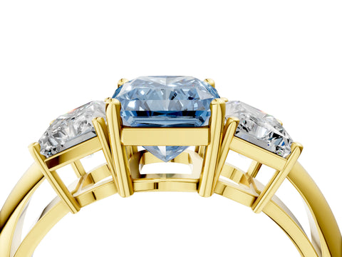 Yellow gold Three-Stone Fancy Blue Radiant Cut Cut Diamond Engagement Ring with Prong Setting on a White Gold Band_4