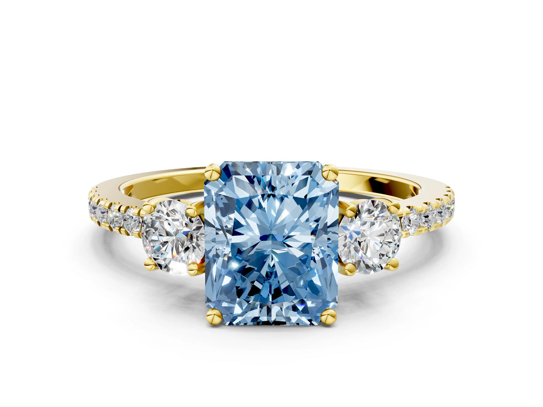 Yellow gold Three-Stone Fancy Blue Radiant Cut Cut Diamond Pavé Band with Prong Setting_15