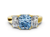 Yellow gold Three-Stone Fancy Blue Radiant Cut Cut Diamond Ring with Channel Set Band and Four-Prong Setting