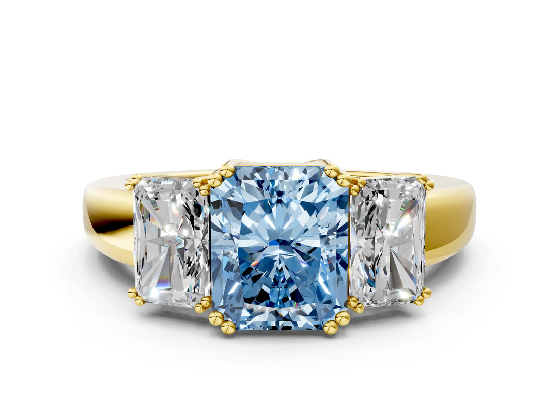 Yellow gold Three-Stone Fancy Blue Radiant Cut Cut Diamond Ring with Channel Set Band and Four-Prong Setting_24