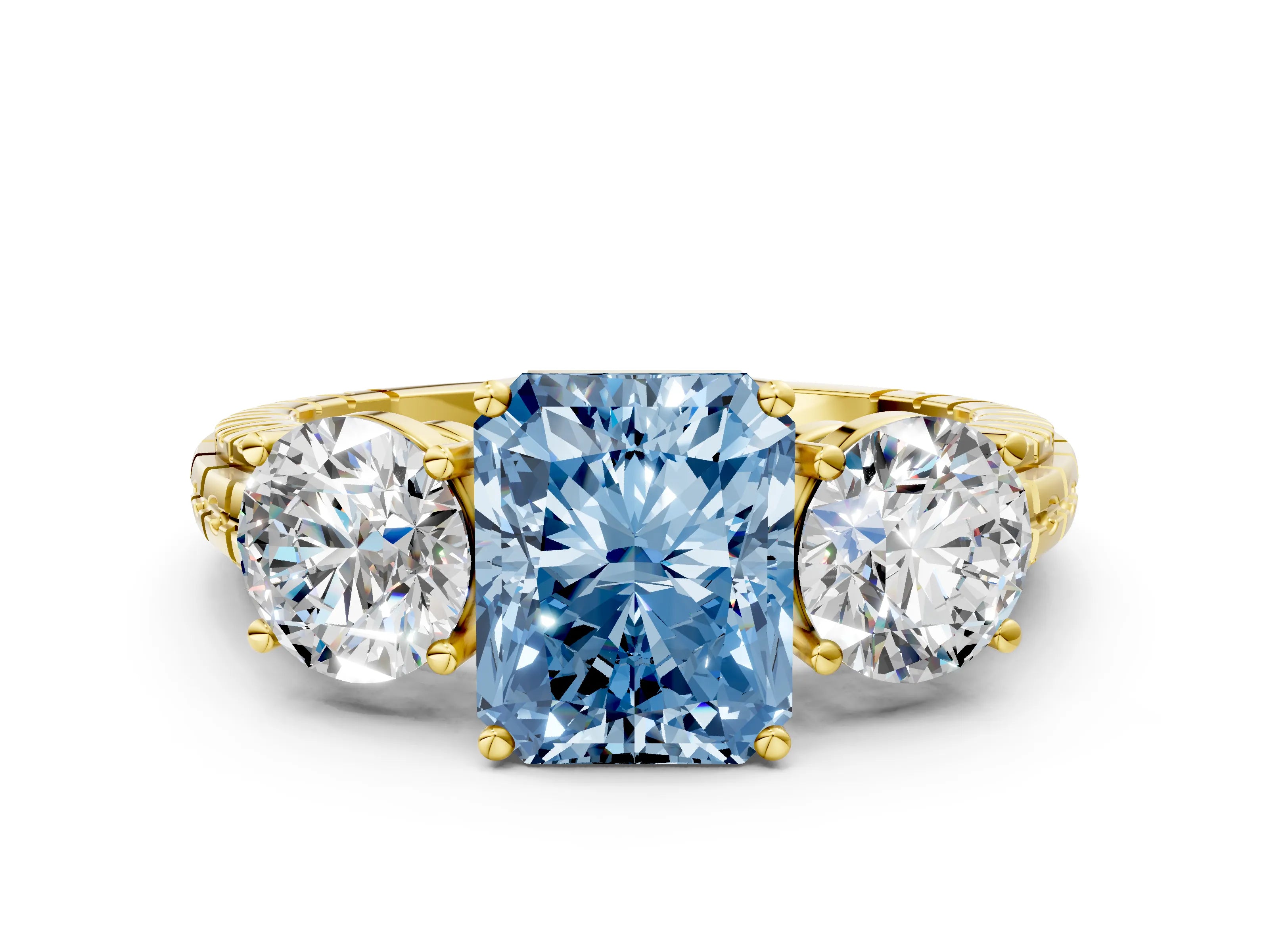 Yellow gold Three-Stone Fancy Blue Radiant Cut Cut Diamond Ring with Channel-Set Band and Prong Setting