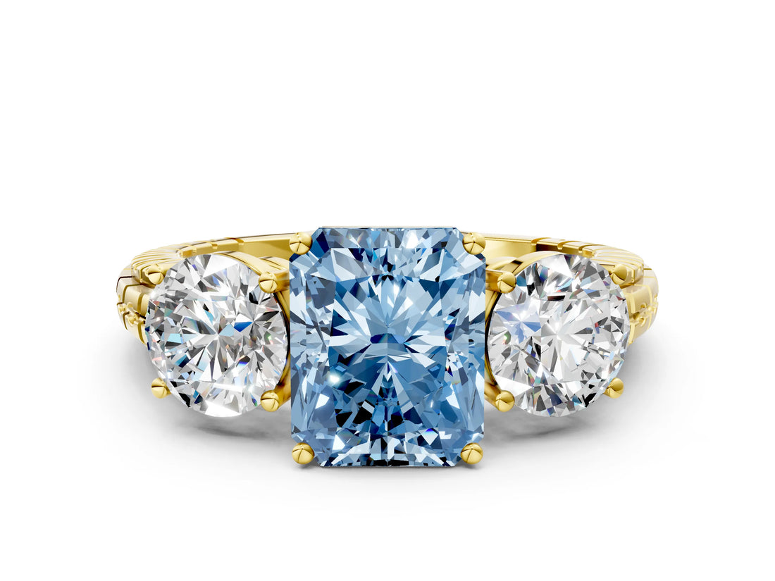 Yellow gold Three-Stone Fancy Blue Radiant Cut Cut Diamond Ring with Channel-Set Band and Prong Setting