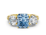 Yellow gold Three-Stone Fancy Blue Radiant Cut Cut Diamond Ring with Channel-Set Band and Prong Setting