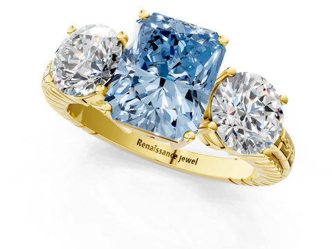 Yellow gold Three-Stone Fancy Blue Radiant Cut Cut Diamond Ring with Channel-Set Band and Prong Setting_1