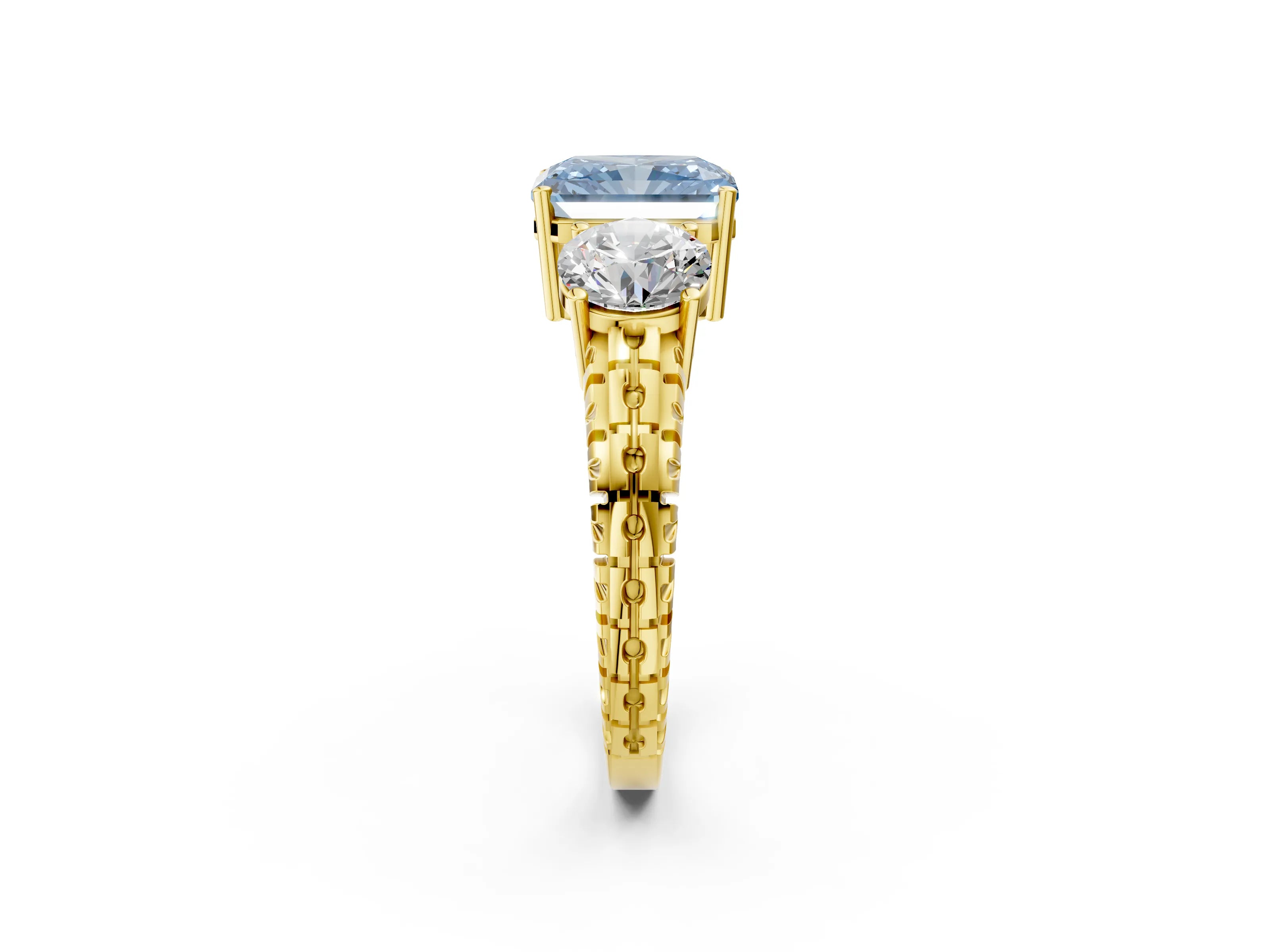 Yellow gold Three-Stone Fancy Blue Radiant Cut Cut Diamond Ring with Channel-Set Band and Prong Setting_2