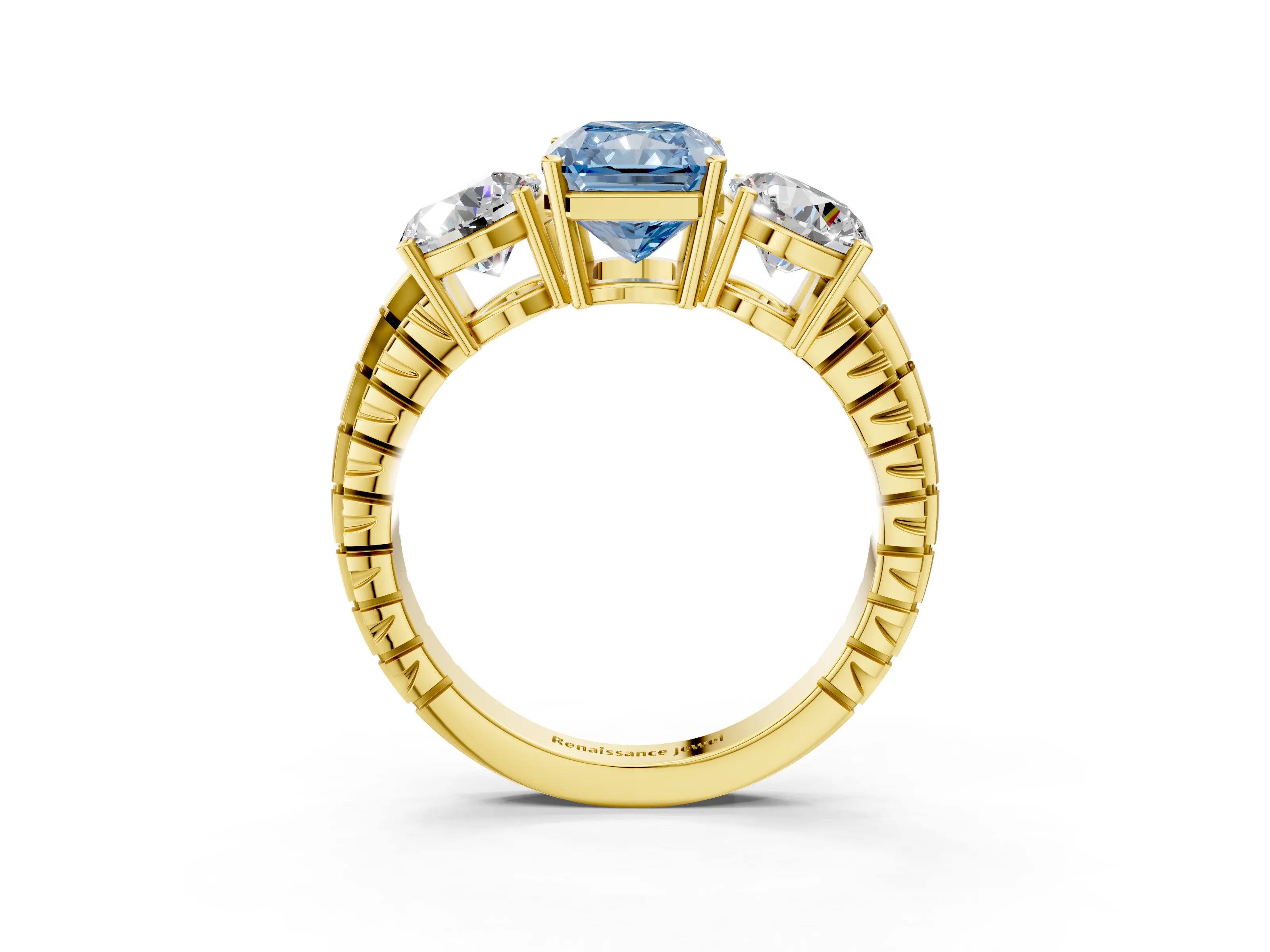 Yellow gold Three-Stone Fancy Blue Radiant Cut Cut Diamond Ring with Channel-Set Band and Prong Setting_3