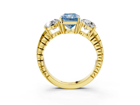 Yellow gold Three-Stone Fancy Blue Radiant Cut Cut Diamond Ring with Channel-Set Band and Prong Setting_3