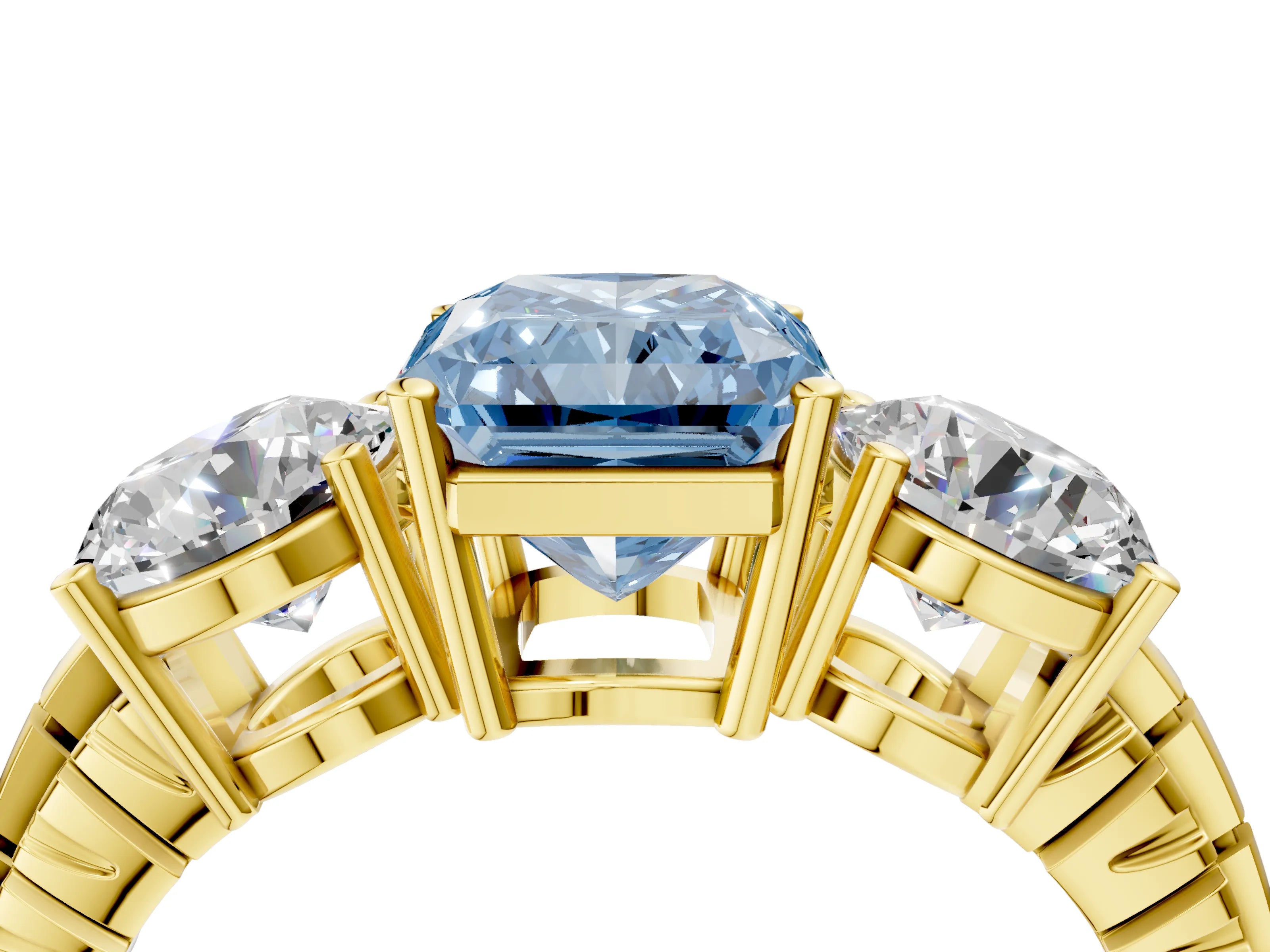 Yellow gold Three-Stone Fancy Blue Radiant Cut Cut Diamond Ring with Channel-Set Band and Prong Setting_4