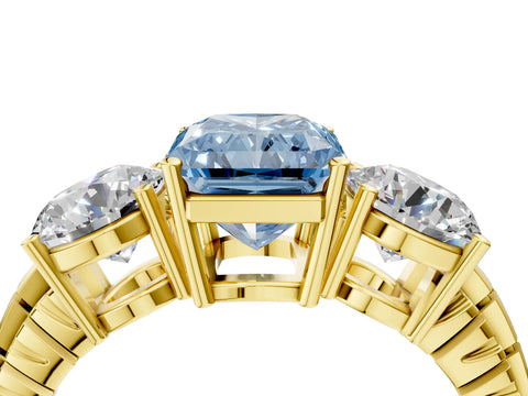 Yellow gold Three-Stone Fancy Blue Radiant Cut Cut Diamond Ring with Channel-Set Band and Prong Setting_4