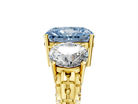 Yellow gold Three-Stone Fancy Blue Radiant Cut Cut Diamond Ring with Channel-Set Band and Prong Setting_5
