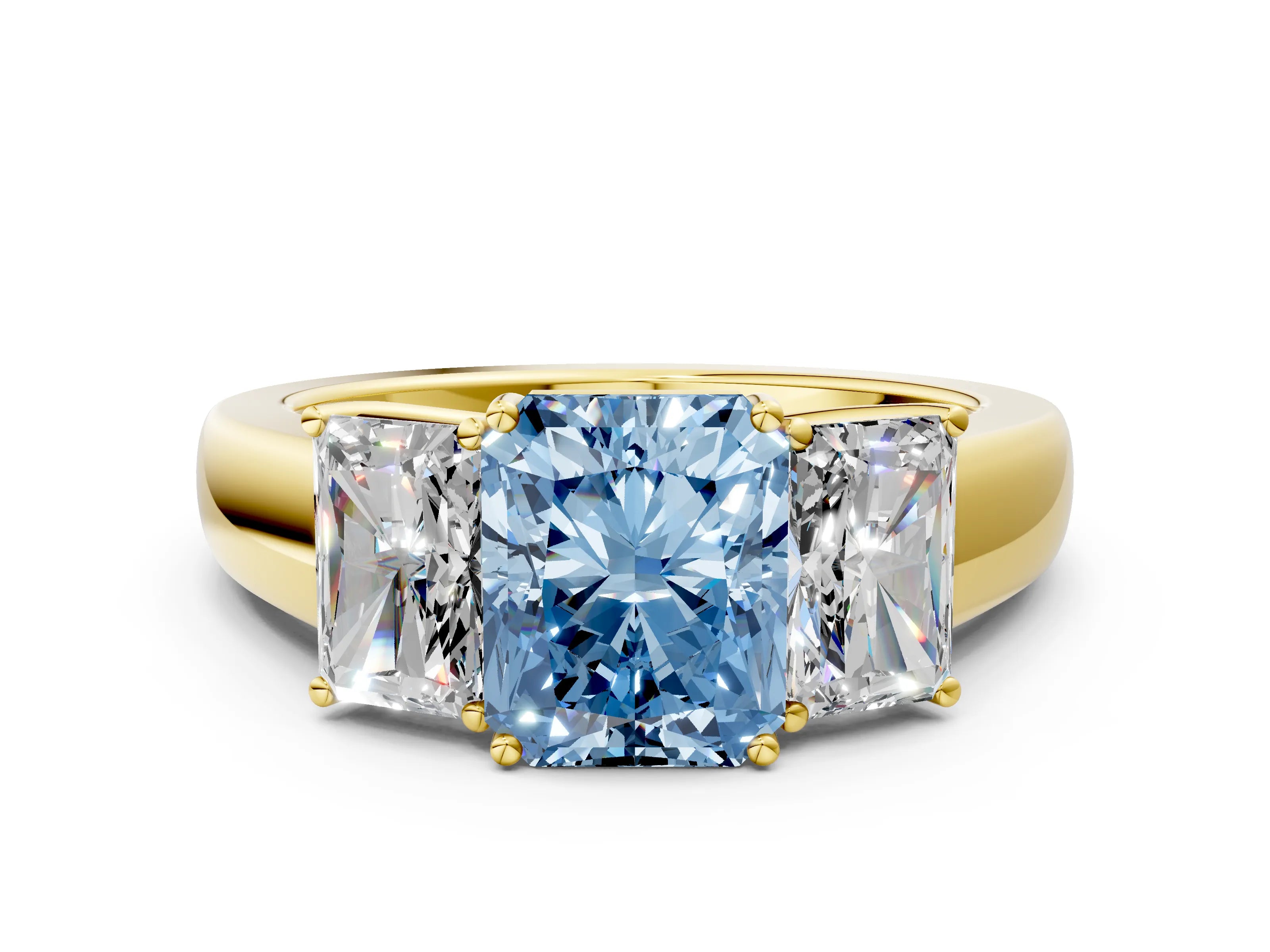 Yellow gold Three-Stone Fancy Blue Radiant Cut Cut Diamond Ring with Prong Setting and Classic Band