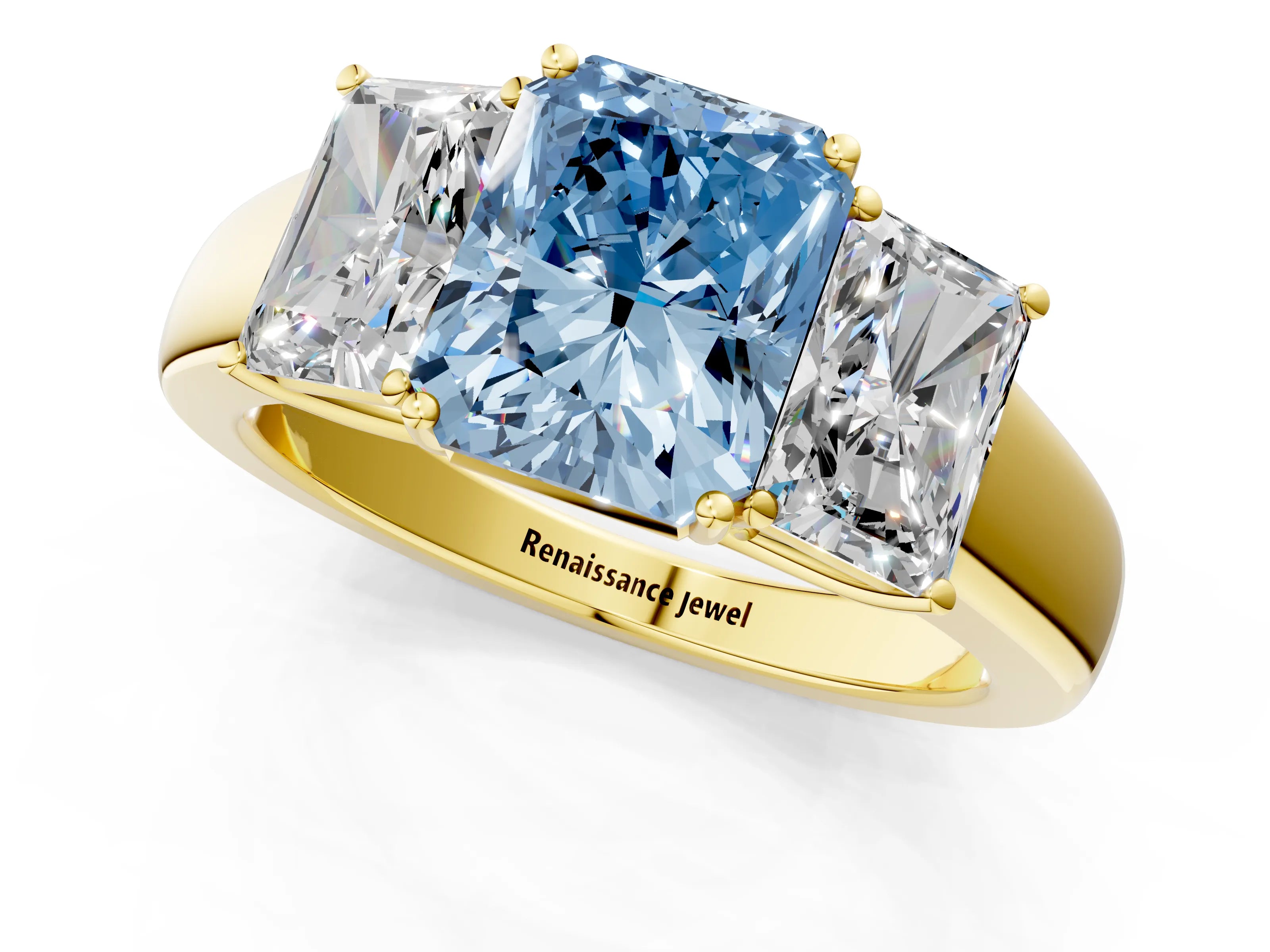 Yellow gold Three-Stone Fancy Blue Radiant Cut Cut Diamond Ring with Prong Setting and Classic Band_1