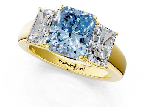 Yellow gold Three-Stone Fancy Blue Radiant Cut Cut Diamond Ring with Prong Setting and Classic Band_1