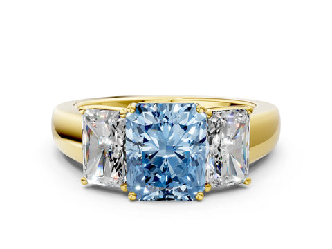 Yellow gold Three-Stone Fancy Blue Radiant Cut Cut Diamond Ring with Prong Setting and Classic Band