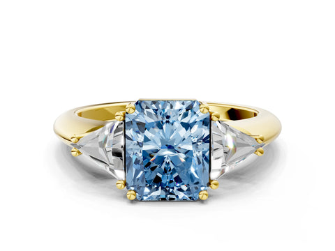 Yellow gold Three-Stone Fancy Blue Radiant Cut Cut Diamond Ring with Trillion Side Stones and Four-Prong Setting_3