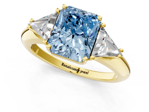 Yellow gold Three-Stone Fancy Blue Radiant Cut Cut Diamond Ring with Trillion Side Stones and Four-Prong Setting_4