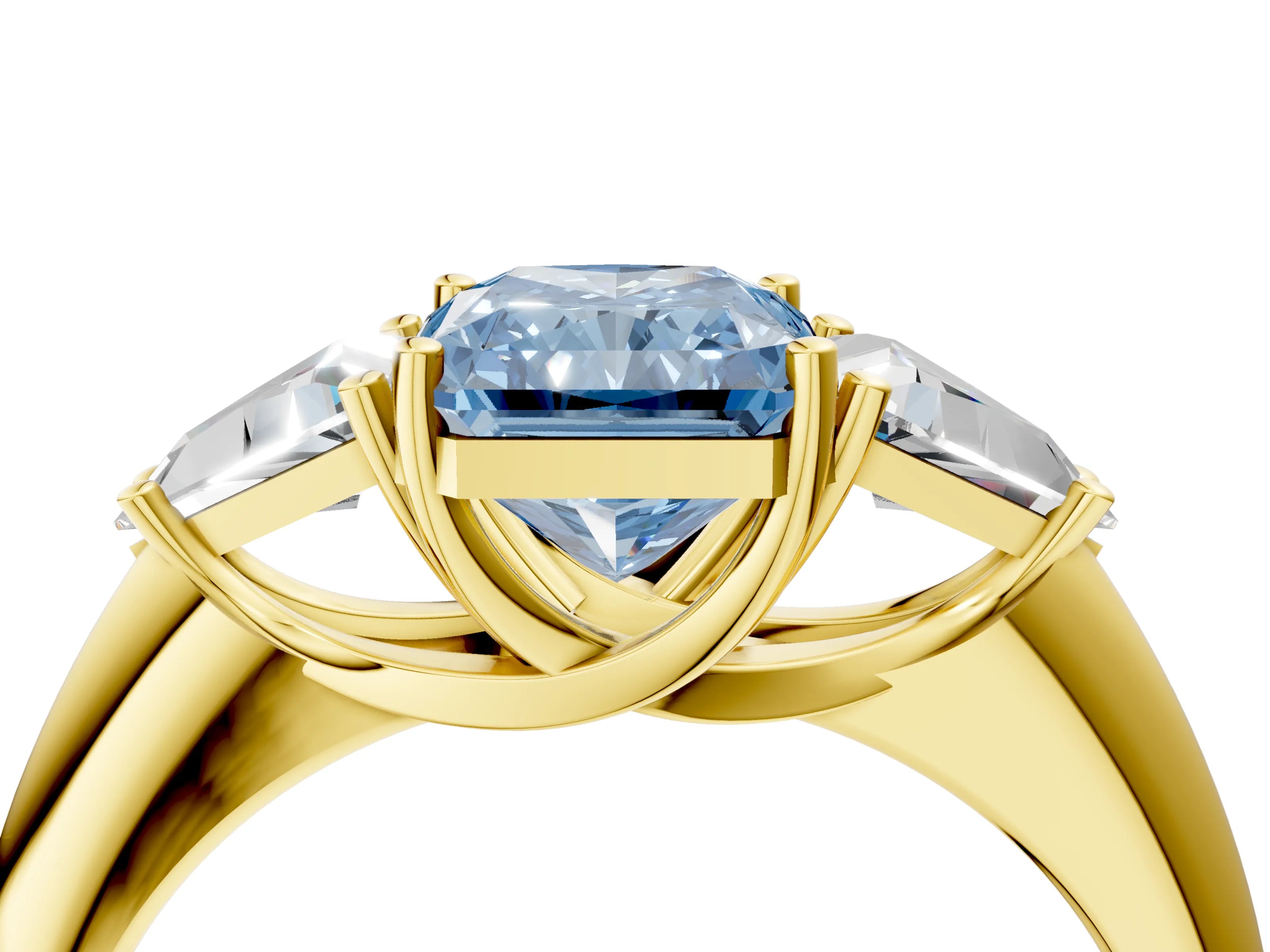 Yellow gold Three-Stone Fancy Blue Radiant Cut Cut Diamond Ring with Trillion Side Stones and Four-Prong Setting_7