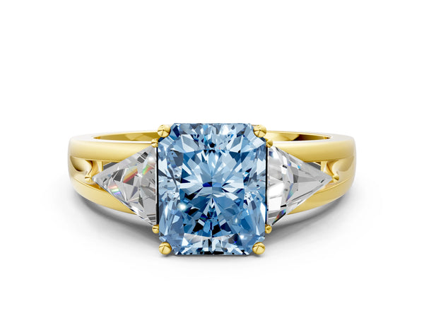 Yellow Gold Radiant Cut Split Shank Three Stone Engagement Ring Setting for Fancy Blue Center