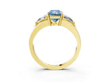 Yellow gold Three-Stone Fancy Blue Radiant Cut Cut Diamond Ring with Trillion Side Stones on a Split Shank Band_3