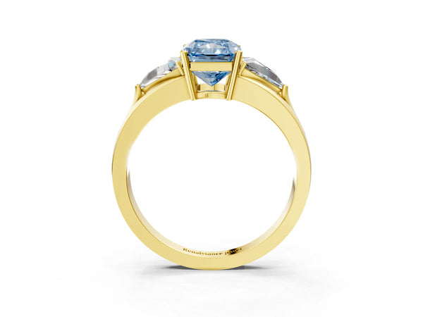 Yellow Gold Radiant Cut Split Shank Three Stone Engagement Ring Setting for Fancy Blue Center