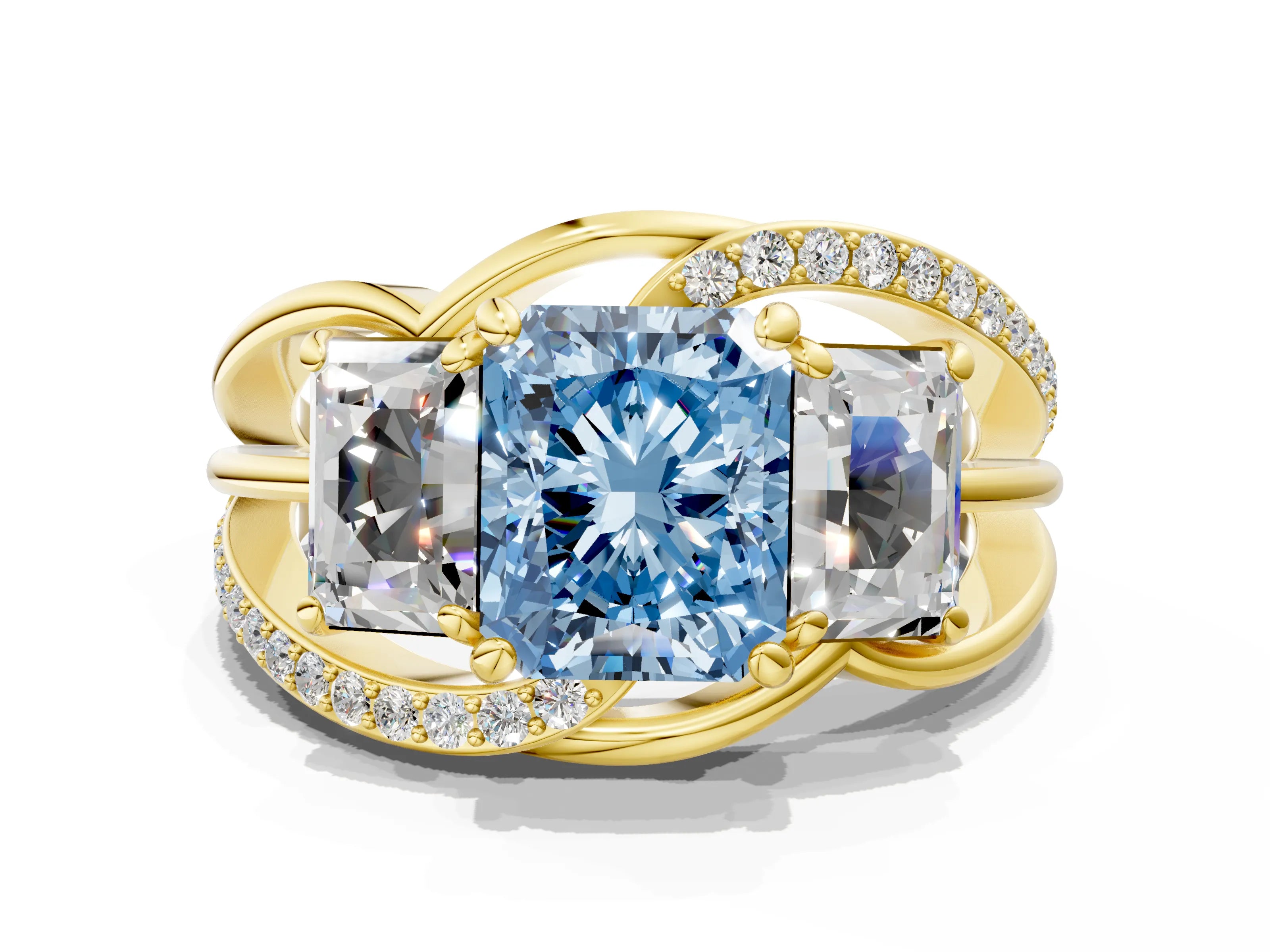 Yellow gold Three-Stone Fancy Blue Radiant Cut Cut Diamond Split Shank Prong Set Ring