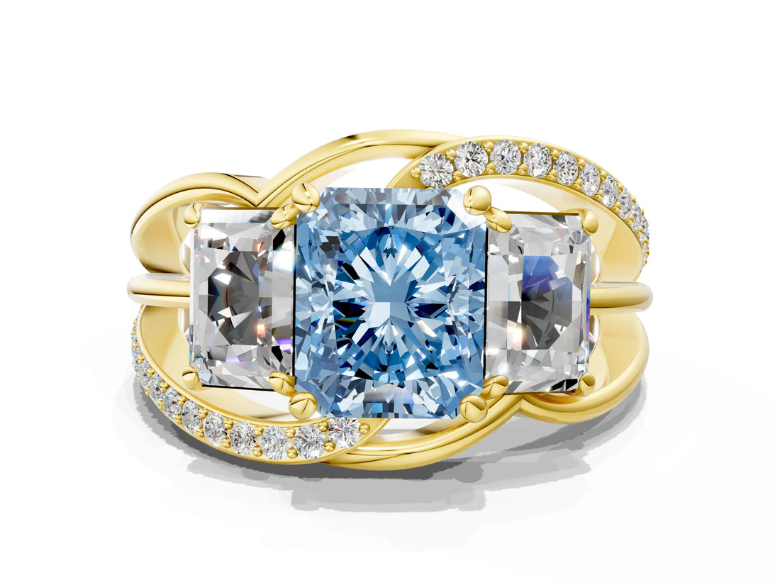 Yellow gold Three-Stone Fancy Blue Radiant Cut Cut Diamond Split Shank Prong Set Ring