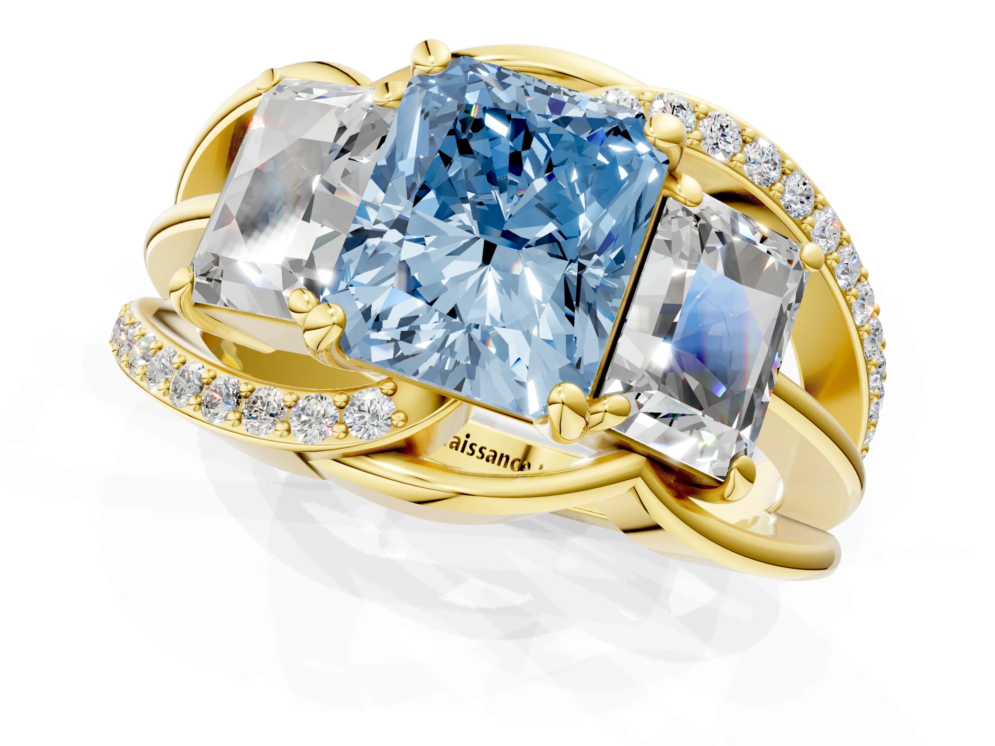 Yellow gold Three-Stone Fancy Blue Radiant Cut Cut Diamond Split Shank Prong Set Ring_1