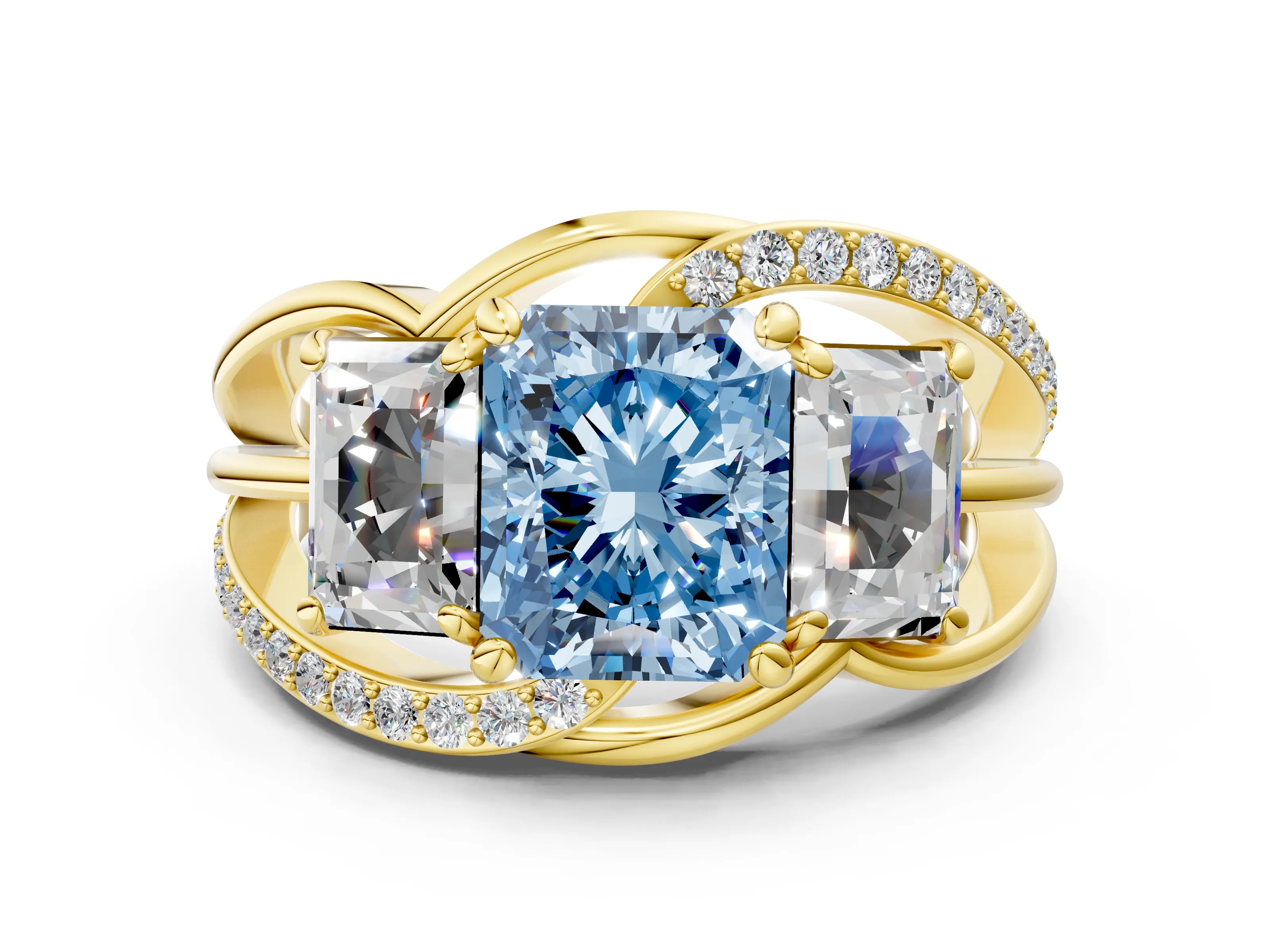 Yellow gold Three-Stone Fancy Blue Radiant Cut Cut Diamond Split Shank Prong Set Ring_12