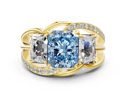 Yellow gold Three-Stone Fancy Blue Radiant Cut Cut Diamond Split Shank Prong Set Ring_12