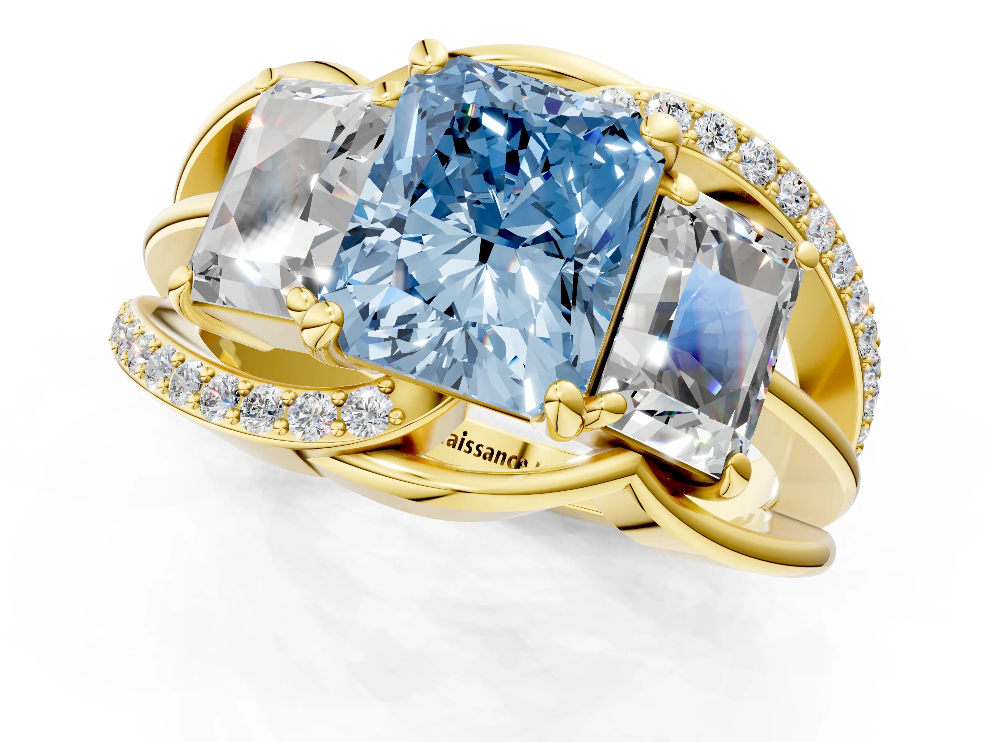 Yellow gold Three-Stone Fancy Blue Radiant Cut Cut Diamond Split Shank Prong Set Ring_13