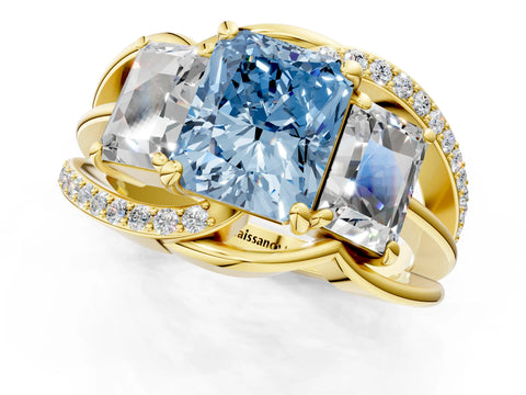Yellow gold Three-Stone Fancy Blue Radiant Cut Cut Diamond Split Shank Prong Set Ring_13