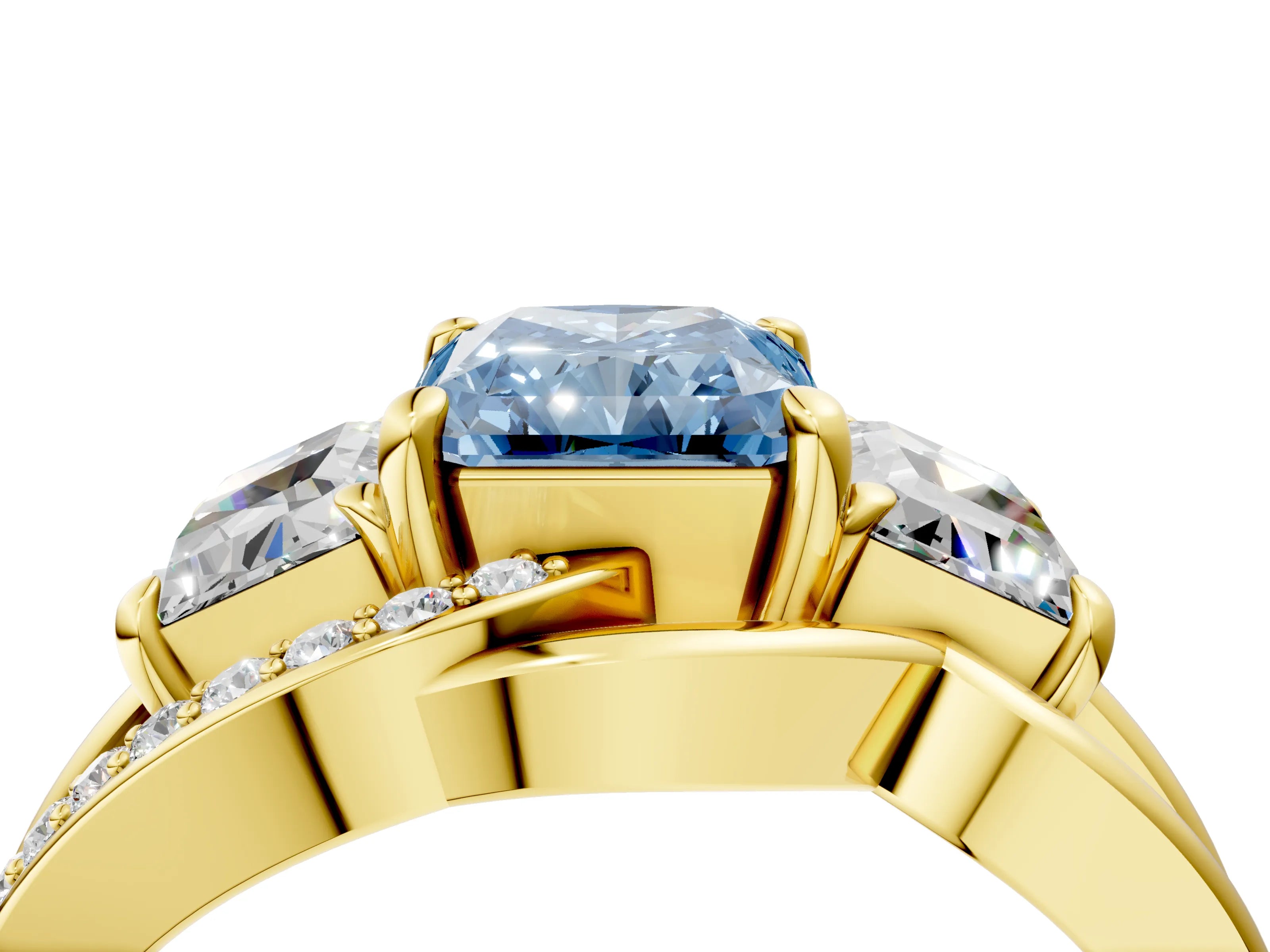 Yellow gold Three-Stone Fancy Blue Radiant Cut Cut Diamond Split Shank Prong Set Ring_16