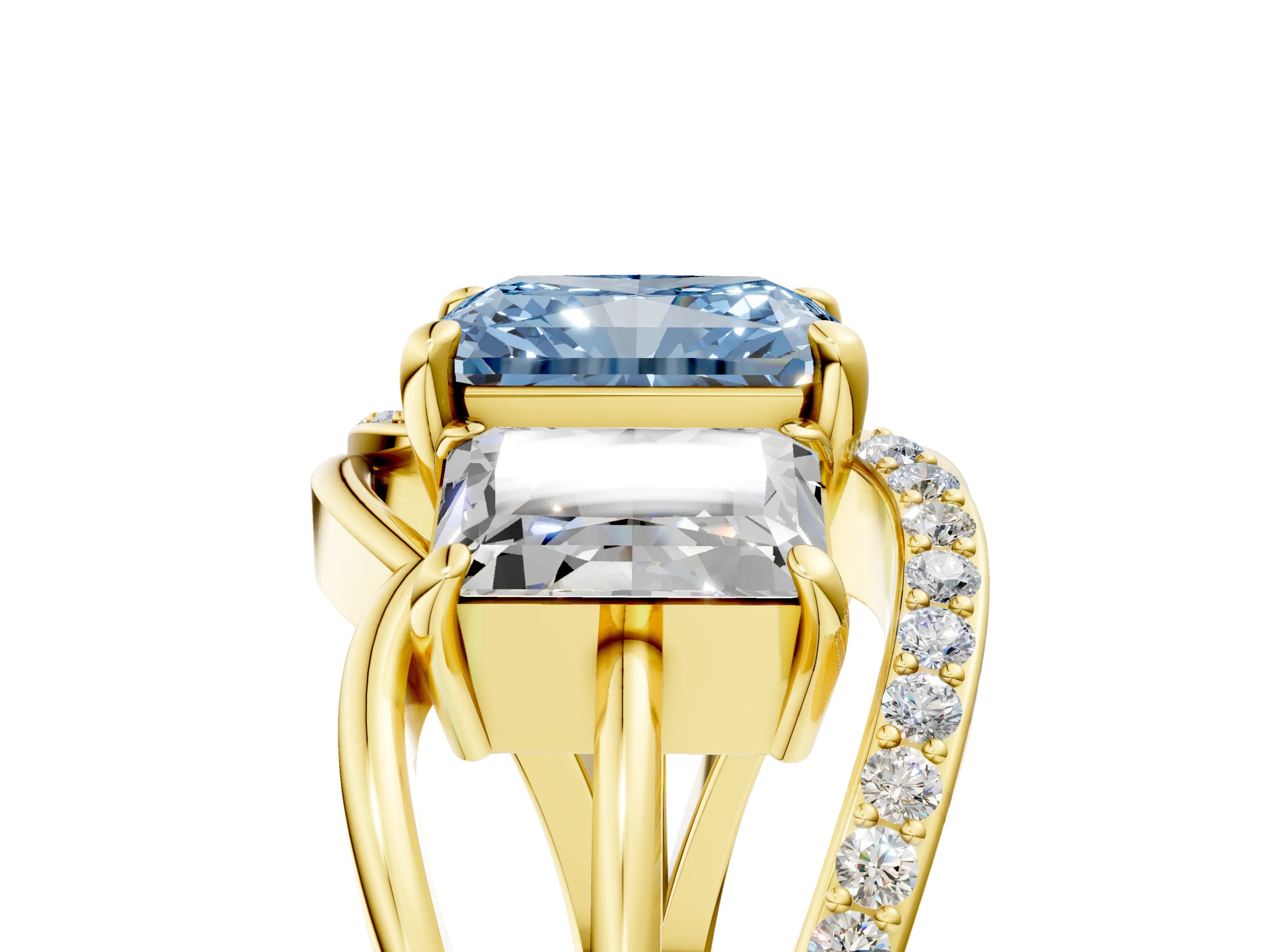 Yellow gold Three-Stone Fancy Blue Radiant Cut Cut Diamond Split Shank Prong Set Ring_17