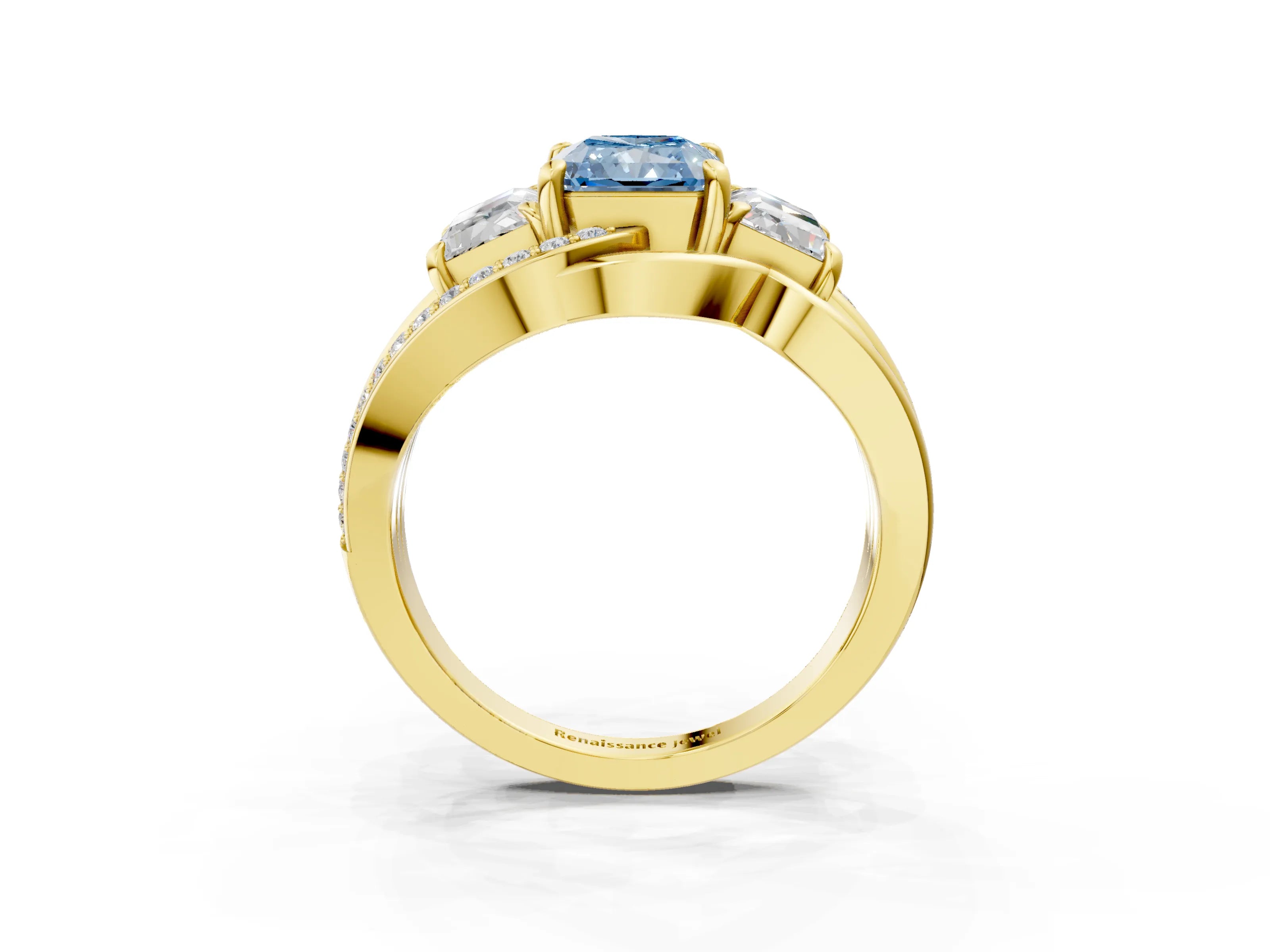 Yellow gold Three-Stone Fancy Blue Radiant Cut Cut Diamond Split Shank Prong Set Ring_3