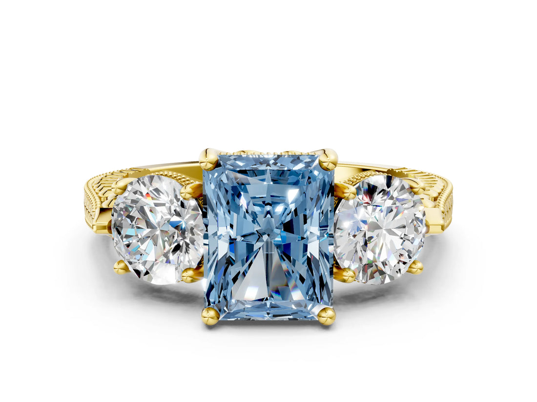 Yellow gold Three-Stone Fancy Blue Radiant Cut Cut Milgrain Band Prong Setting Ring_6