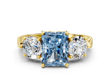 Yellow gold Three-Stone Fancy Blue Radiant Cut Cut Milgrain Band Prong Setting Ring_6