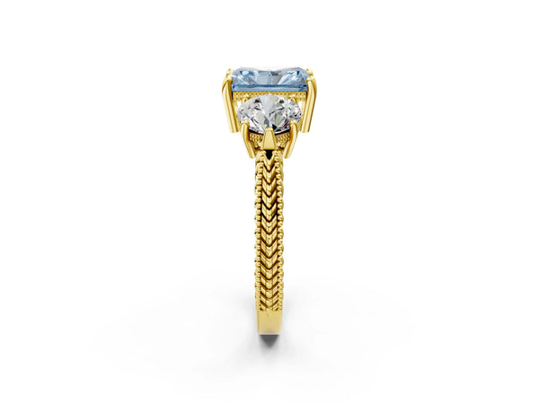 Yellow gold Three-Stone Fancy Blue Radiant Cut Cut Milgrain Band Prong Setting Ring