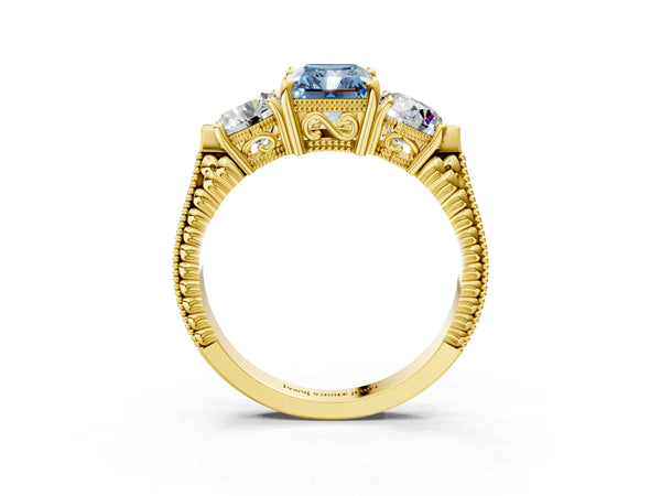 Yellow gold Three-Stone Fancy Blue Radiant Cut Cut Milgrain Band Prong Setting Ring