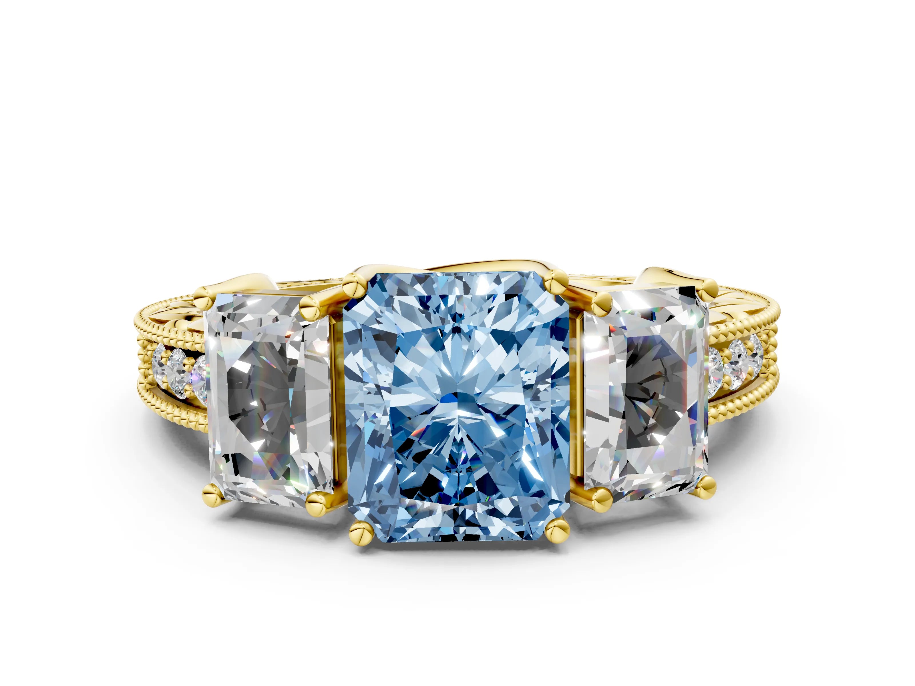 Yellow gold Three-Stone Fancy Blue Radiant Cut Cut Milgrain Pavé Engagement Ring