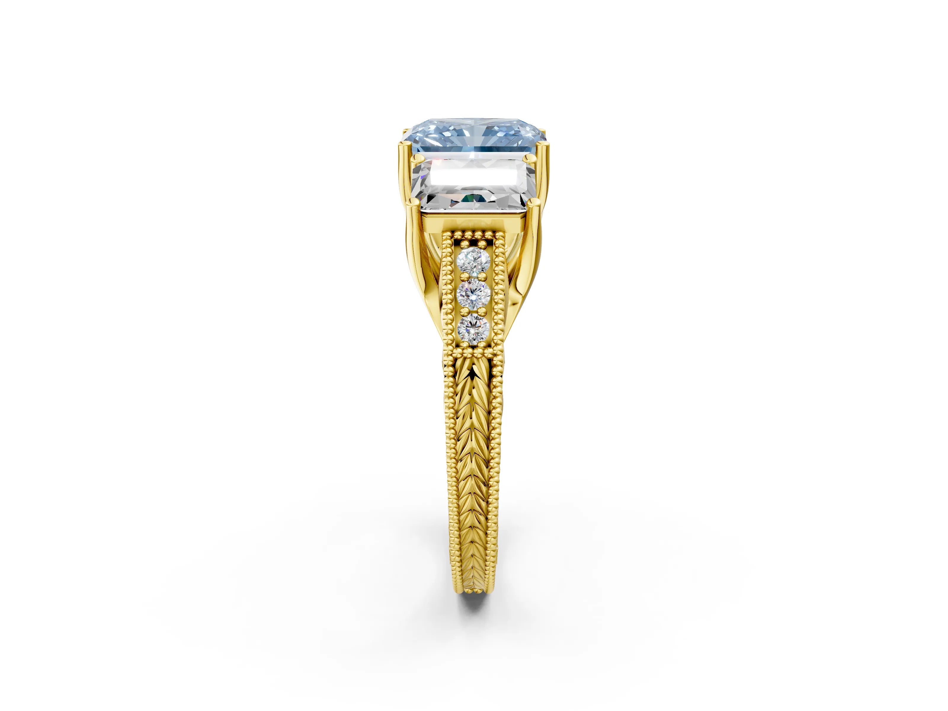 Yellow gold Three-Stone Fancy Blue Radiant Cut Cut Milgrain Pavé Engagement Ring_14