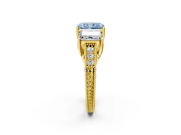 Yellow Gold Radiant Cut Engraved Three Stone Engagement Ring Setting for Fancy Blue Center
