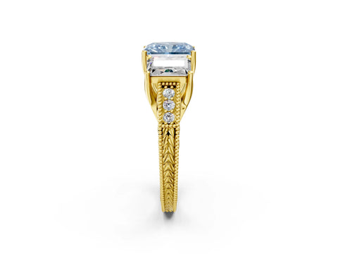 Yellow gold Three-Stone Fancy Blue Radiant Cut Cut Milgrain Pavé Engagement Ring_14